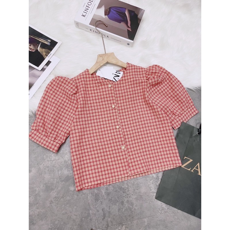 [Mã SKAMA06 giảm 8% tối đa 50K đơn 250K] ANU313 - ÁO SƠ MI NỮ CROPTOP KẺ CARO ĐỎ CÚC NGỌC