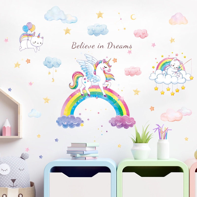 Decal dán tường tranh dán tường cầu vồng hoạt hình cho bé trang trí nhà cửa