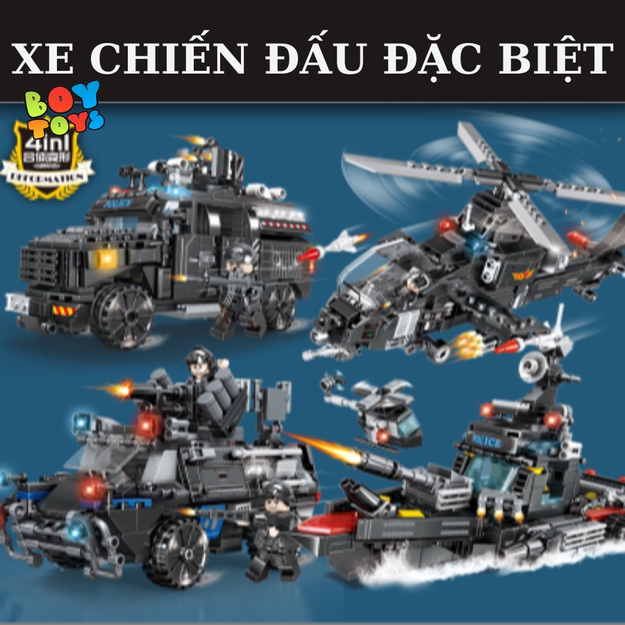 Hộp đồ chơi lego lắp ghép mô hình phương tiện chiến đấu xe bọc thép, tàu chiến, máy bay 4 trong 1