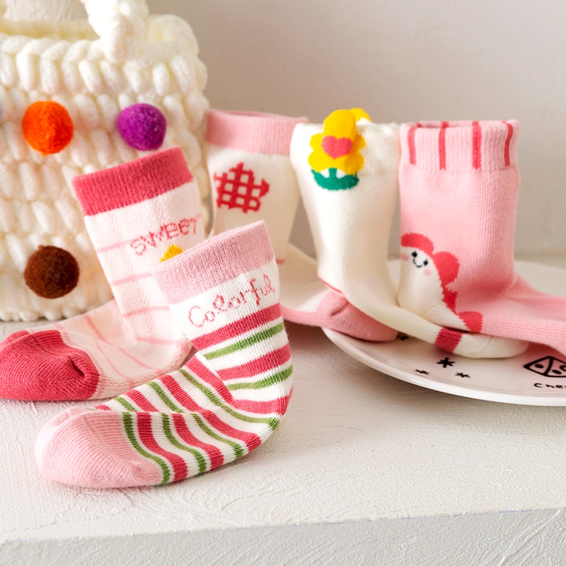 Set 5 Đôi Vớ Cotton Kẻ Sọc / Hoa Nhỏ Hoạt Hình Thoải Mái Chất Lượng Cao Cho Bé Trai Bé Gái 1-12 Tuổi