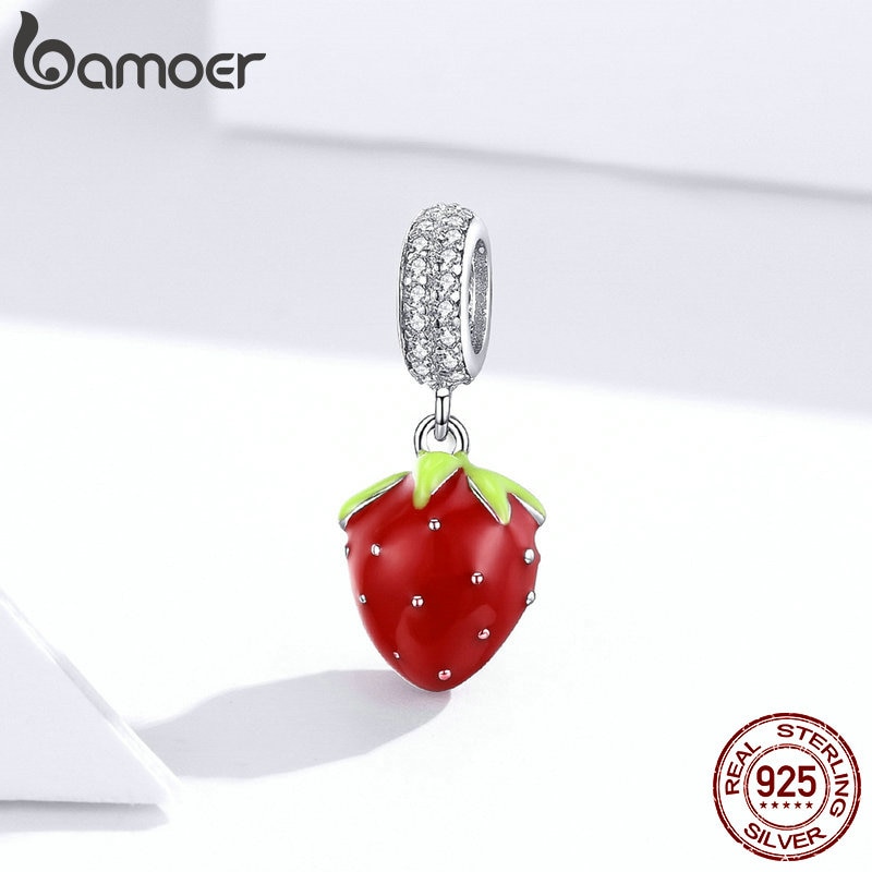 Hạt Charm Bamoer SCC1537 Hình Quả Dâu Tây Đỏ Tráng Men Dùng Để Làm Mặt Trang Sức Vòng Tay