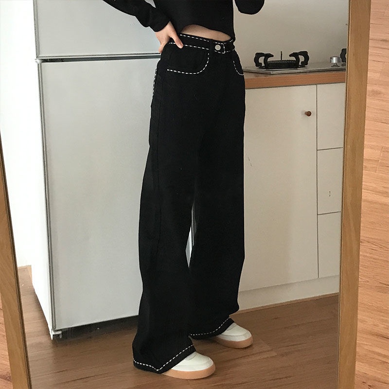 Quần jeans Đen Lưng Cao Ống Rộng Thêu Hoa Phong Cách Hàn Quốc Cho Nữ