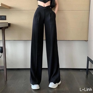 Quần suông ống rộng cách điệu sườn eo
