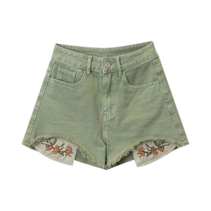 Quần Short Denim Ống Rộng Thêu Họa Tiết Cổ Điển Thời Trang Mùa Hè Cho Nữ