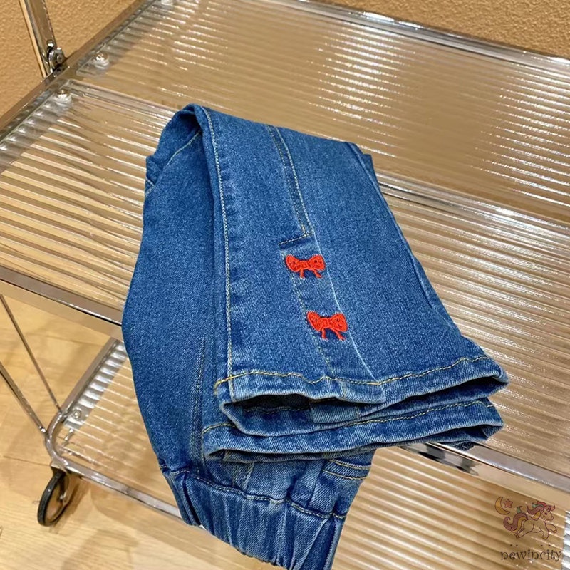 Quần Jean Ống Loe Co Giãn Thêu Họa Tiết Dễ Thương Phong Cách Hàn Quốc Cho Bé Gái