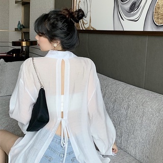 Wg SHOP Nữ Slim Slit Thiết Kế Áo Sơ Mi Chống Nắng Rời Phong Cách lười biếng Áo Sơ Mi Trắng Quần Áo Bé Gái