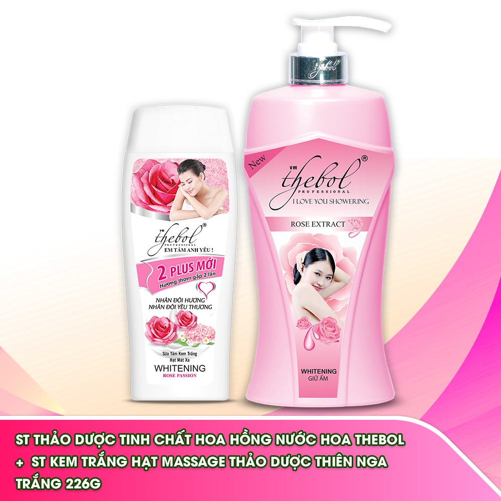 Sữa tắm nước hoa tinh chất thảo dược hoa hồng dưỡng ẩm trắng da Thebol 900g + Sữa tắm kem trắng hạt massage 226g