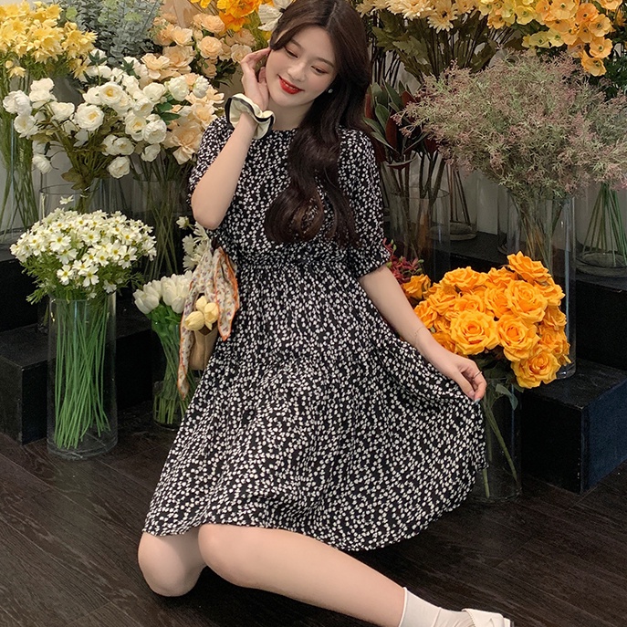 Đầm SUXI chữ A lưng cao họa tiết hoa phong cách vintage cho nữ