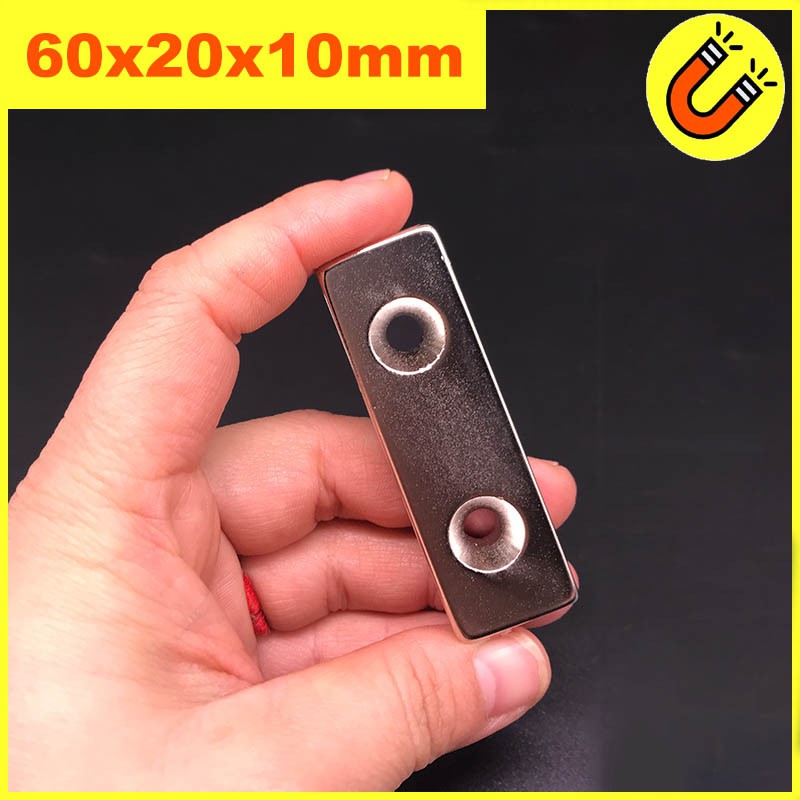 Nam Châm Đất Hiếm 60x20x10mm 2 lỗ bắt vít Từ Tính Siêu Mạnh