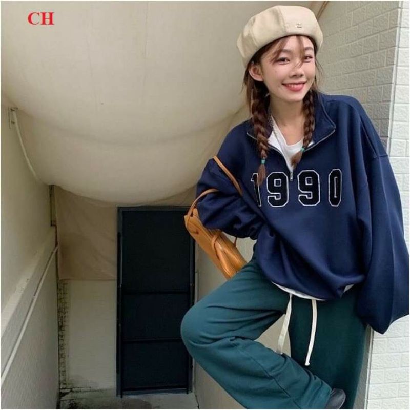 Áo Sweater Nỉ Cotton Khóa Cổ tay bồng 1990 thun hoodie form rộng UlzzangChất đẹp Không Bai xù Trend 2022