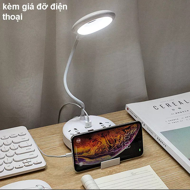 Đèn Bàn LED Cảm ứng, 2 USB sạc Điện thoại vào nhanh, 3 ổ cắm điện 2500W, Kèm giá đỡ điện thoại TS18
