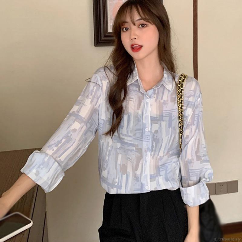 Áo sơ mi nữ ngoại cỡ tay dài họa tiết sơn dầu phong cách Hàn Quốc