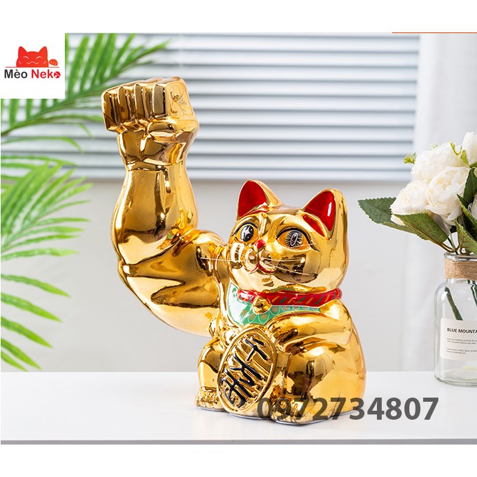 Mèo Thần Tài Vàng Tay To Cơ Bắp Cầu Tiền Tài May Mắn Gốm Sứ Cao Cấp Size Lớn Nhất 32 cm