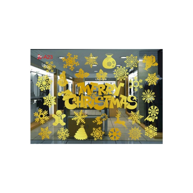 Decal dán tường Noel Hít Tĩnh Điện Không Dơ Kính - Chữ Merry Chirstmas Ánh Vàng