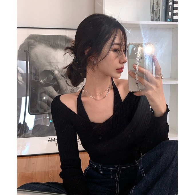 QADCOL Áo sweater dệt kim tay dài dáng ôm thiết kế độc đáo thời trang gợi cảm dành cho nữ