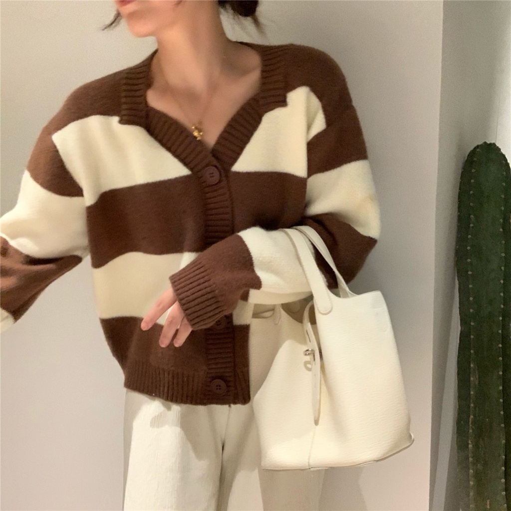 Áo cardigan ZHELIHANGFEI dệt kim tay dài cổ chữ V dáng rộng lưng cao hoạ tiết kẻ sọc cho nữ