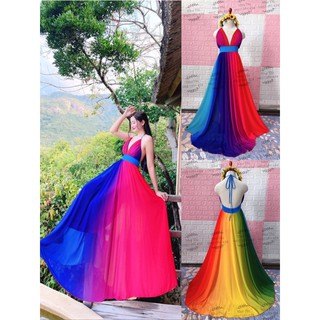 (miễn phí chỉnh váy) đầm maxi yếm hai dây màu loang ombre cầu vồng phối nhiều màu đi biển du lịch chụp hình sống ảo