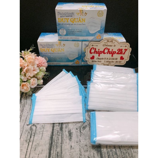 (New) Hộp khẩu trang y tế 4 lớp trắng viền xanh kháng khuẩn 50 cái