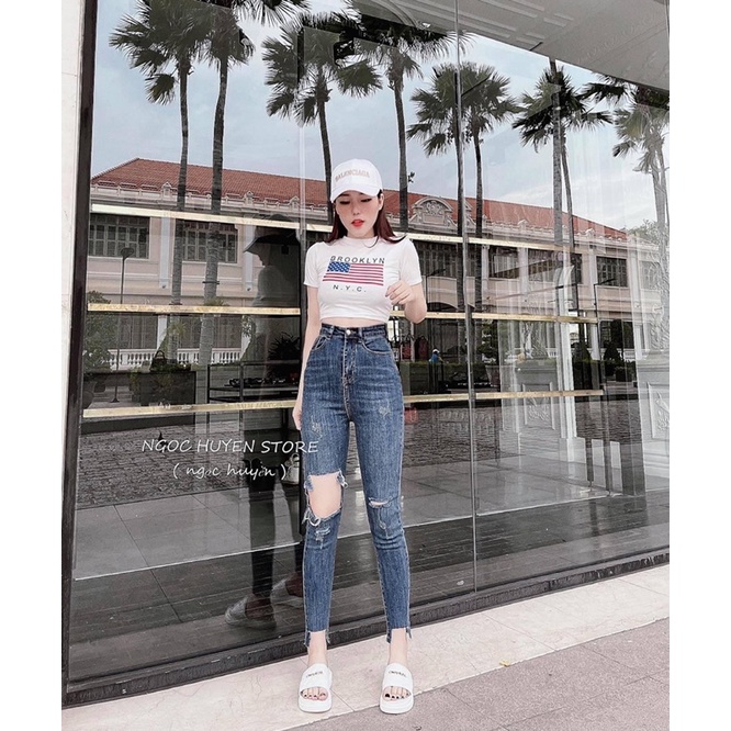 ( Mã 3106 ) Quần jeans giãn ôm lưng cao rách gấu mẫu mới siêu hot