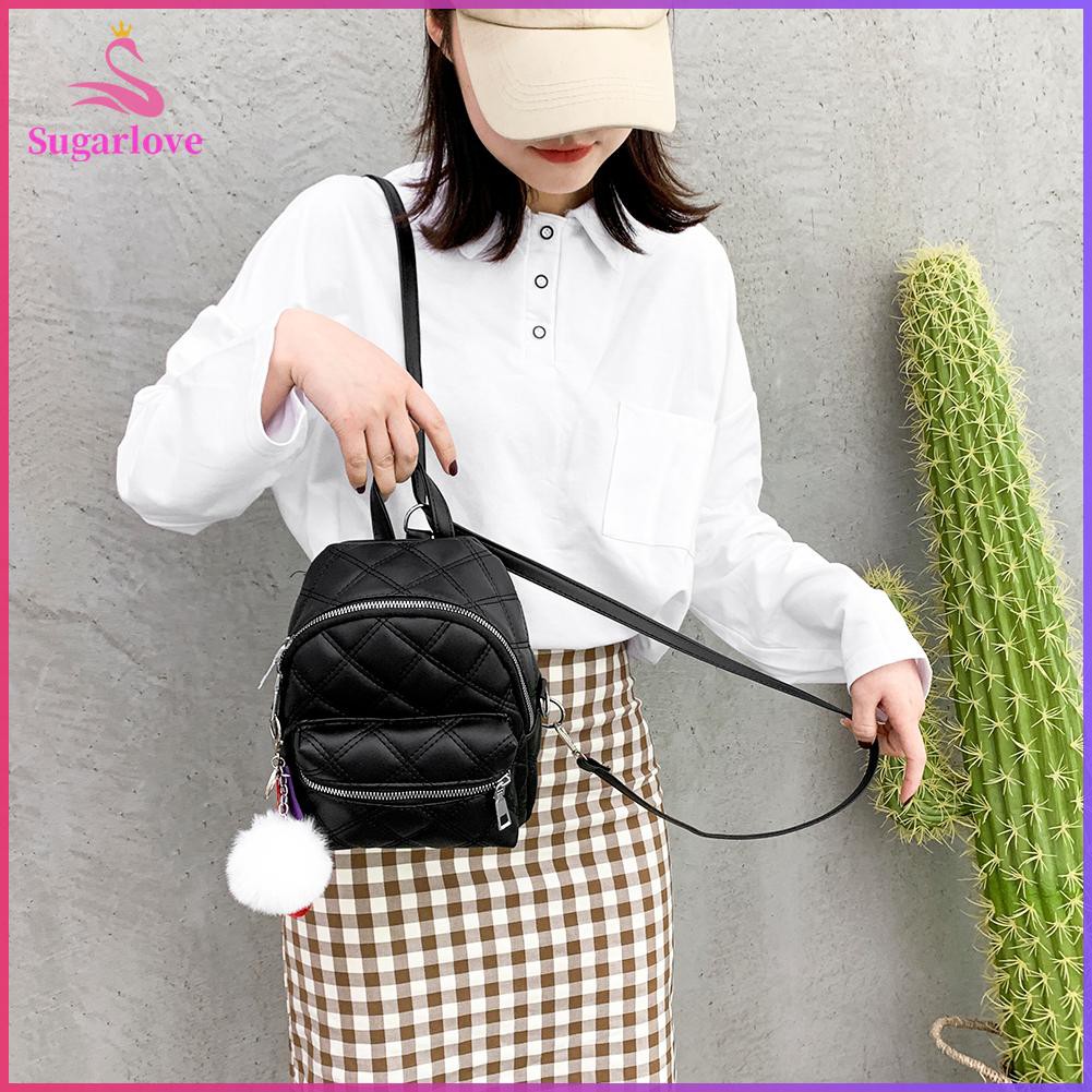 Beautiful※PU Leather School Backpack Lattice Pattern Women Pompom Shoulder Messneger Bags