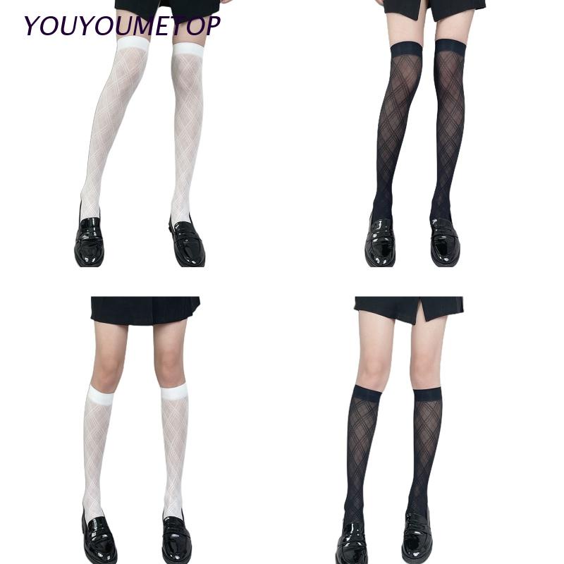 Vớ Dài Qua Đầu Gối Sọc Caro Đính Kim Cương Phong Cách Lolita Nhật Bản Cho Nữ