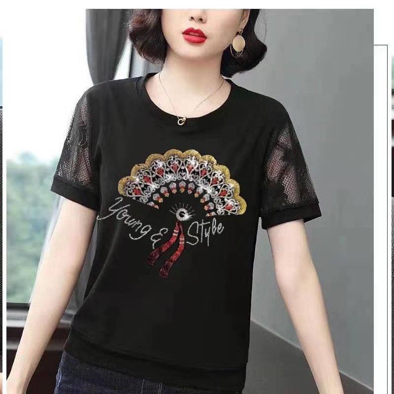 Áo Thun Tay Ngắn Màu Đen Phối Lưới Thiết Kế Cỡ Lớn Thời Trang Trẻ Trung Cho Nữ