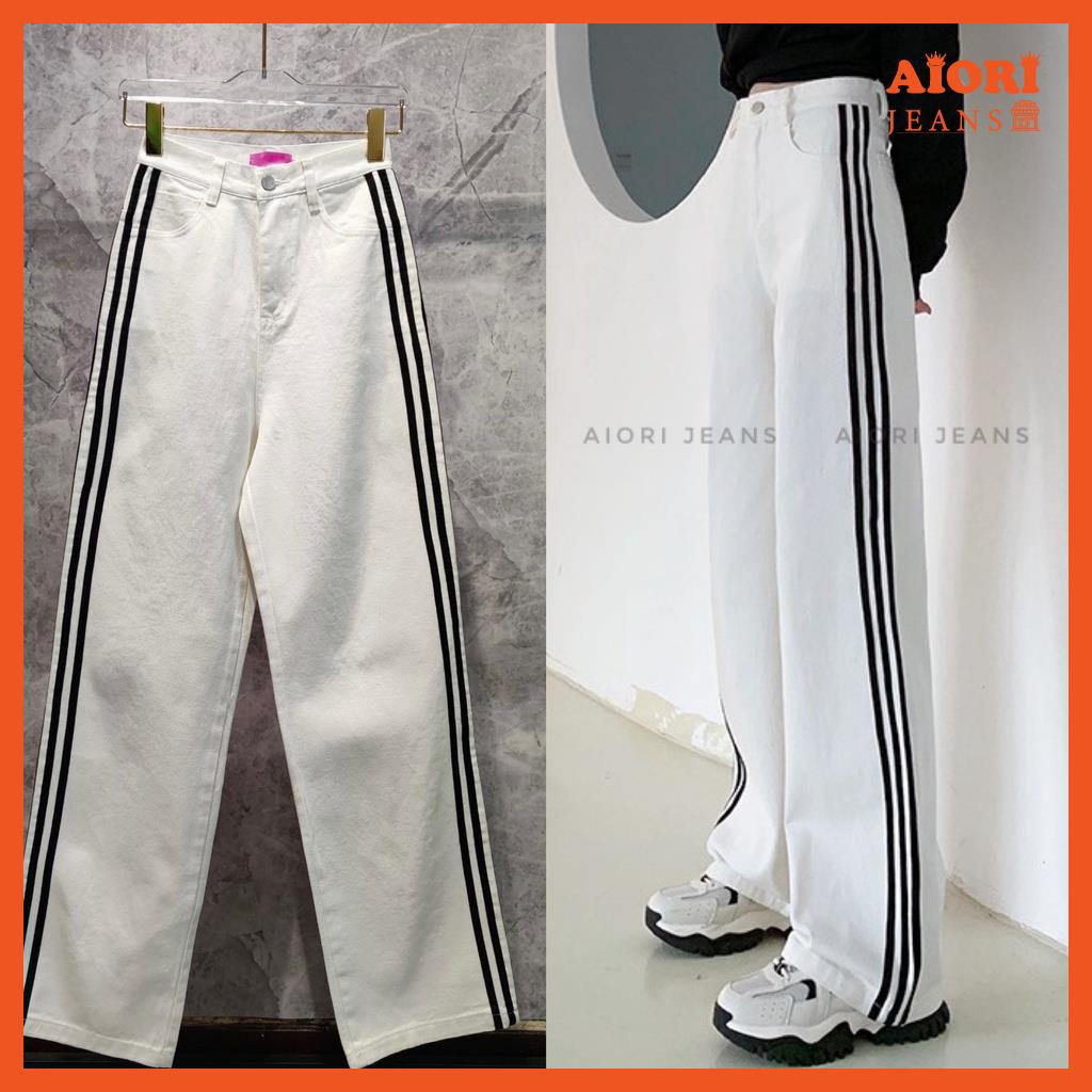Quần Jean Nữ Aiori Ống Rộng Lưng Cao Màu Trắng Sọc Đen Bò Suông Phong Cách Thời Trang Cotton Cao Cấp Mềm Mịn Ulzzang
