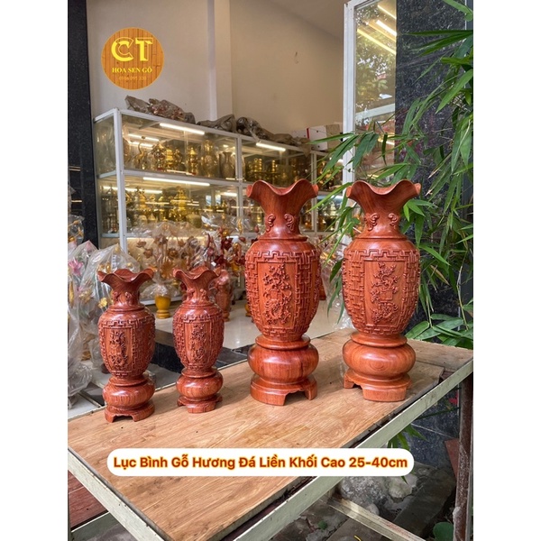 Cặp Lục Bình Gỗ Hương Đá Liền Khối - Chạm Tứ Quý Sắc Nét - Cao 25-40cm