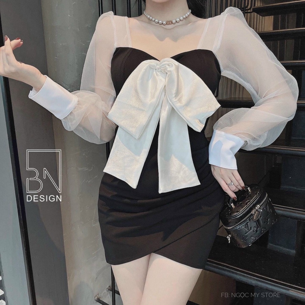 Đầm họa tiết phối nơ trước ngực cổ vuông trông cực kì sang chảnh dành cho các chị em đi tiệc đi dạo phố 2 màu đen và đỏ