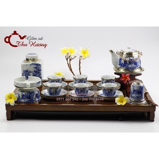 Ấm chén Bát Tràng_Bộ bình trà dáng Vuốt S3 men Lam Cổ bọc đồng & phụ kiện