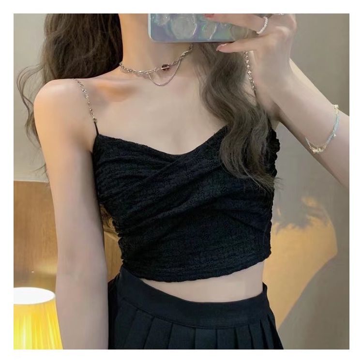 [Hana And Alice] Áo Hai Dây Có Mút Đệm Ngực Dáng Ngắn Phối Ren Quyến Rũ Thời Trang Cho Nữ