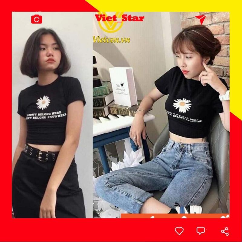 Áo croptop body ôm cổ tròn in Bông Hoa Cúc, 2 màu đen/trắng