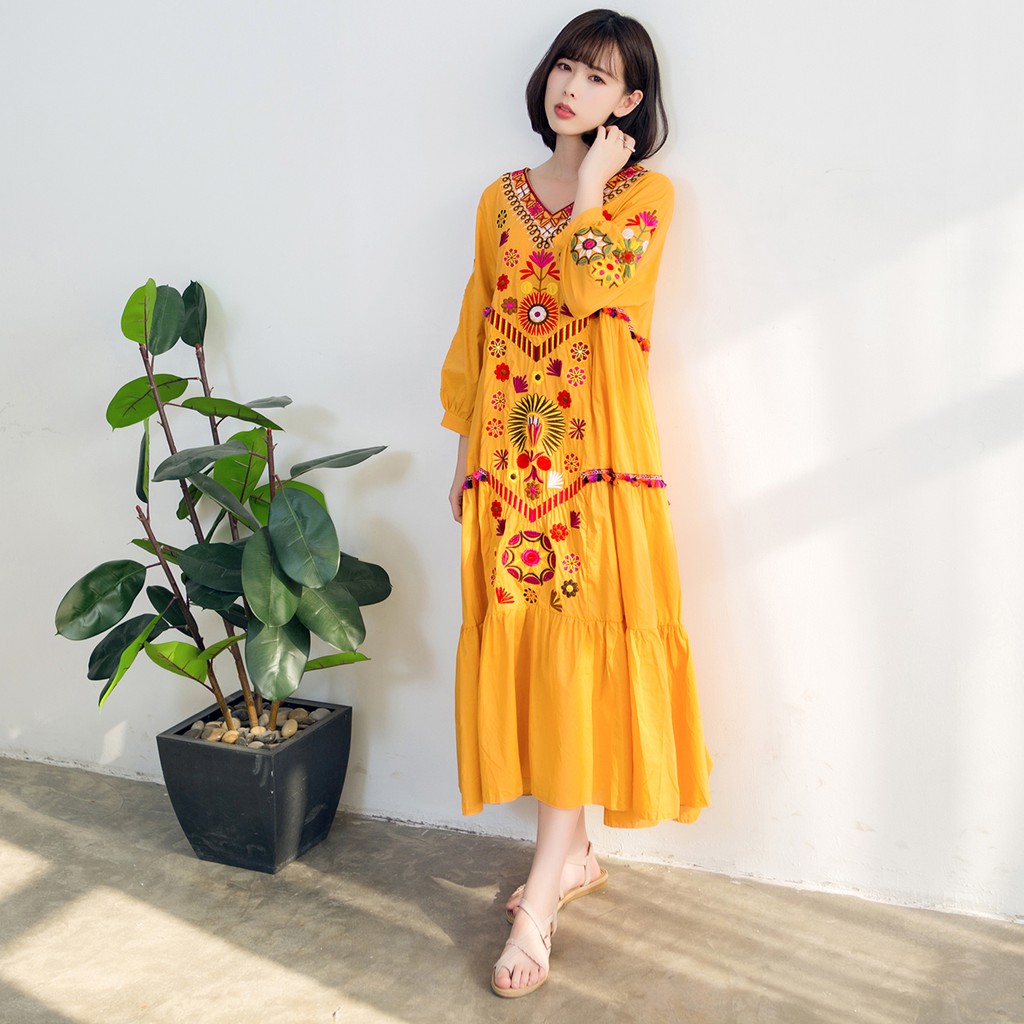 Váy vintage thời trang phong cách boho siêu hot/ Đầm váy hoạ tiết thổ cẩm boho vintage