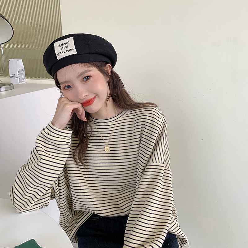 Áo thun XIAOZHAINV tay dài cổ tròn họa tiết kẻ sọc phong cách Hàn Quốc cho nữ