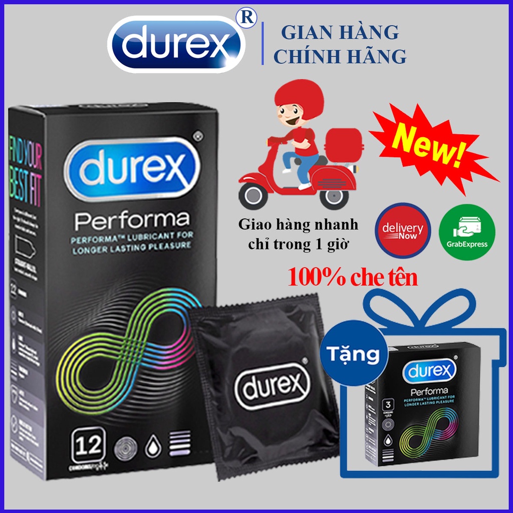 [ FREESHIP BCS DUREX ] Hộp Lớn Bao cao su Durex Performa 1 hộp 12 bao siêu mỏng_baocaosu_durex ( tặng 1 bcs durex nhỏ )