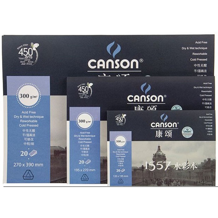 Giấy Canson 1557 vân mịn ( vân cold ) định lượng 300gsm 20 trang siêu dày đắp được 4-5 lớp vẽ màu nước