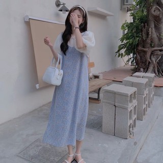 Set đầm yếm xanh hoa nhí kèm áo tay phồng Quảng Châu