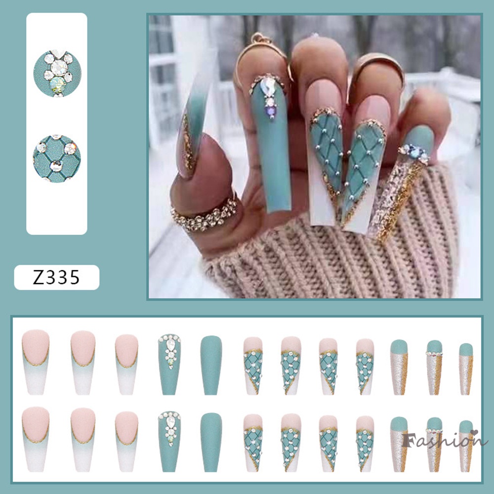 Bộ 24 Móng Tay Giả Trang Trí Nghệ Thuật Màu Xanh Dương Lấp Lánh Không Bị Rơi Dễ Xé
