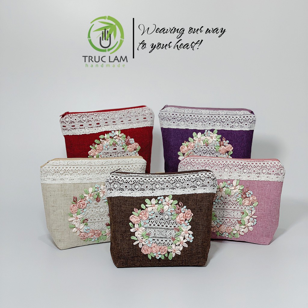 Ví Cầm Tay Nữ Thêu Ruy Băng Họa Tiết Hoa Phối Ren - Trúc Lâm Handmade
