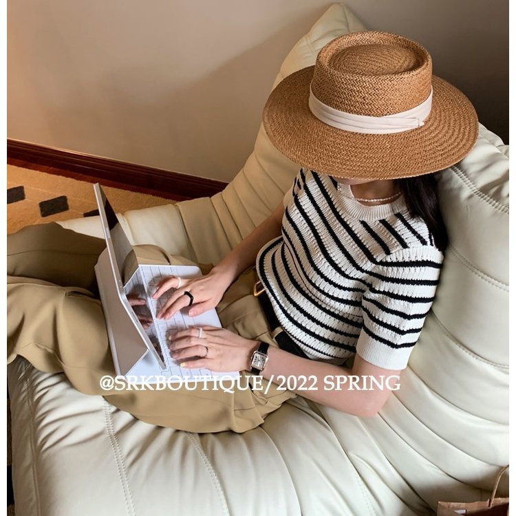 Áo Sweater Ngắn Tay Thiết Kế Mỏng Họa Tiết Kẻ Sọc Thiết Kế Mới Thời Trang Mùa Hè Dành Cho Nữ