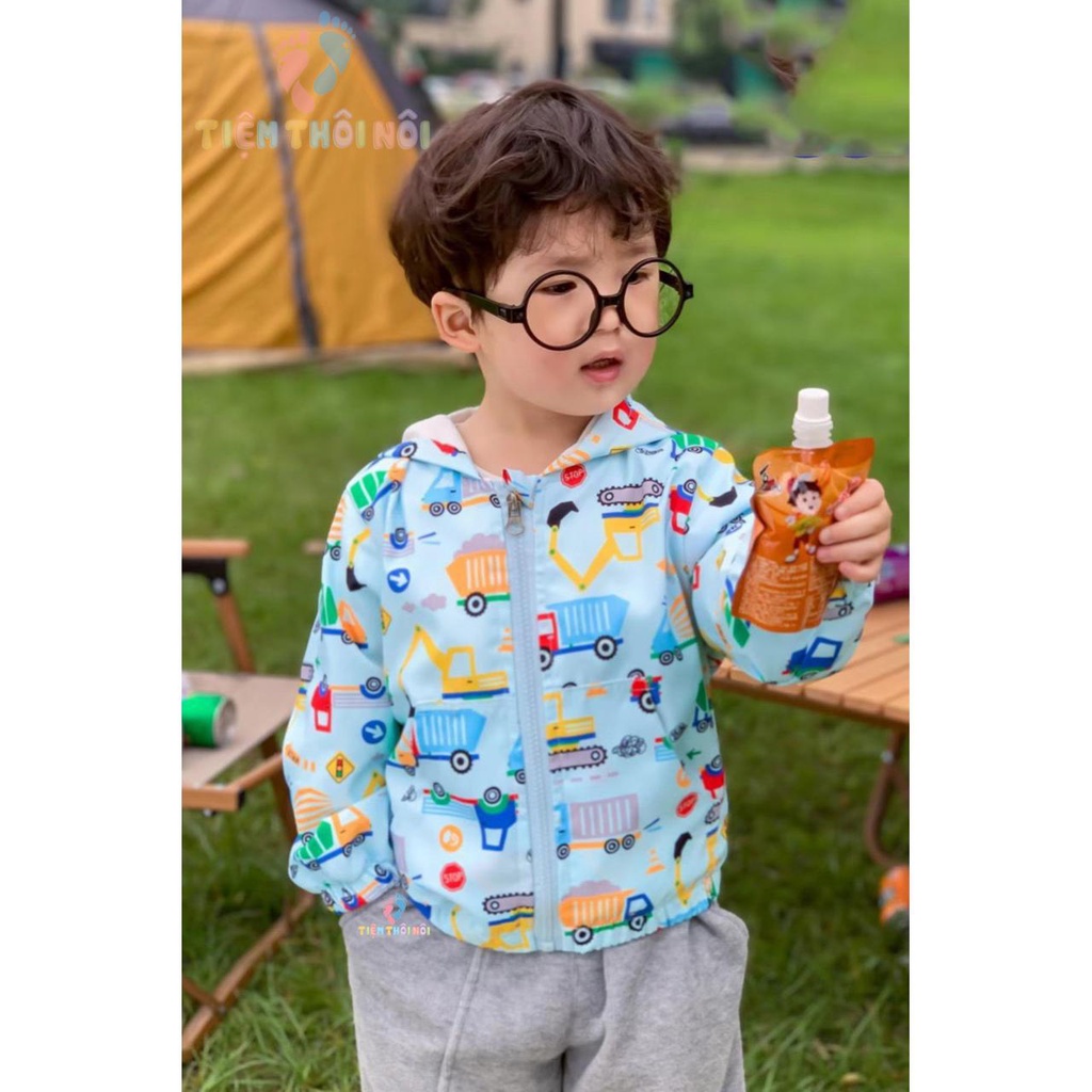 Áo Gió Hai Lớp Khóa Kéo Họa Tiết Khủng Long, Oto Có Mũ Cho Bé Trai
