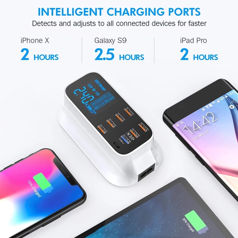Trạm Sạc Nhanh 8 Cổng USB Type C Màn Hình LCD Cho Điện Thoại Thông Minh / Máy Tính Bảng