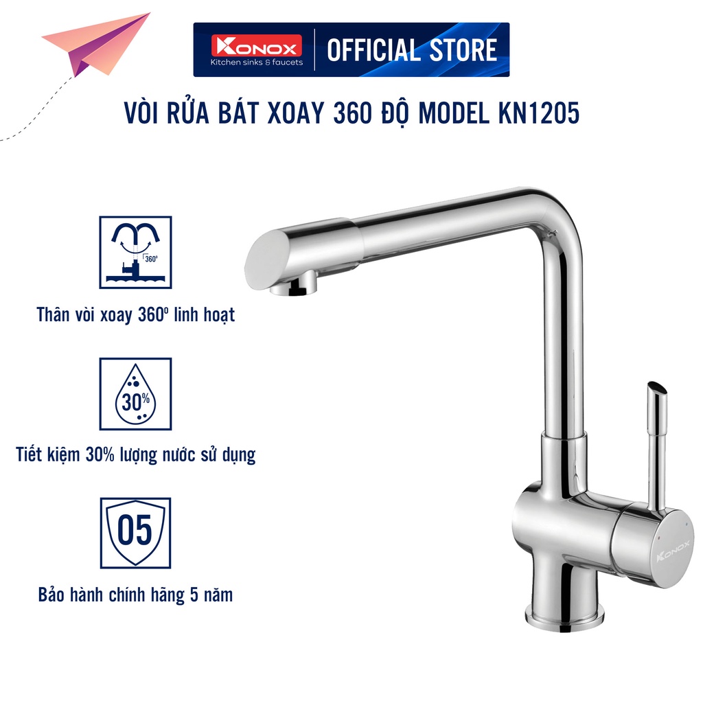 Vòi rửa bát nóng lạnh KONOX KN1205 hợp kim đồng 61% tiêu chuẩn Châu Âu CW617N, bề mặt xử lý công nghệ PVD Chrome 5 lớp