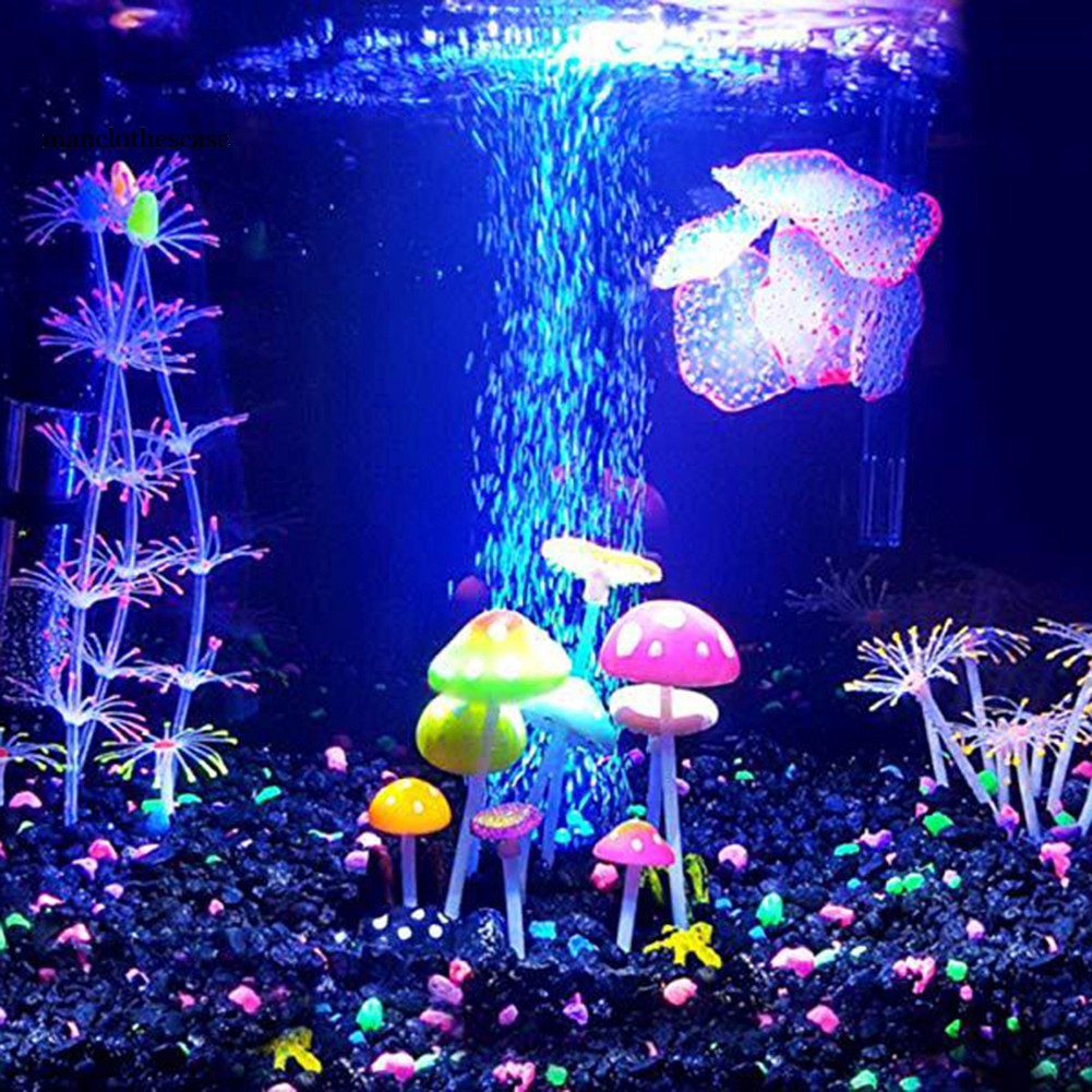 MANC 4Pcs Fluorescent Aquarium Fish Tank Artificial Coral Mushroom Silicone Ornament