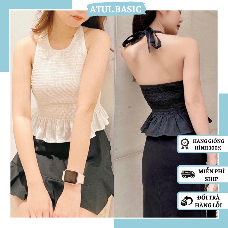 Áo kiểu nữ, áo cổ yếm sau lưng hở lưng dây thắt nơ chất linen bo chun co giãn phía dưới xoè xinh xắn - smoked linen top