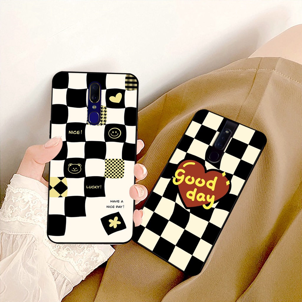 Ốp lưng Oppo F11 / Oppo F11 Pro in hoạ tiết caro trái tim đen trắng, gấu bear cute đáng yêu