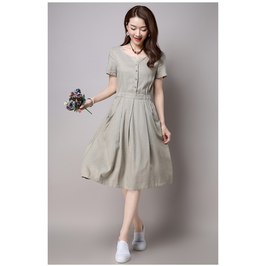 ĐẦM SUÔNG CHUN EO PHỐI TÚI CHÉO - DS116