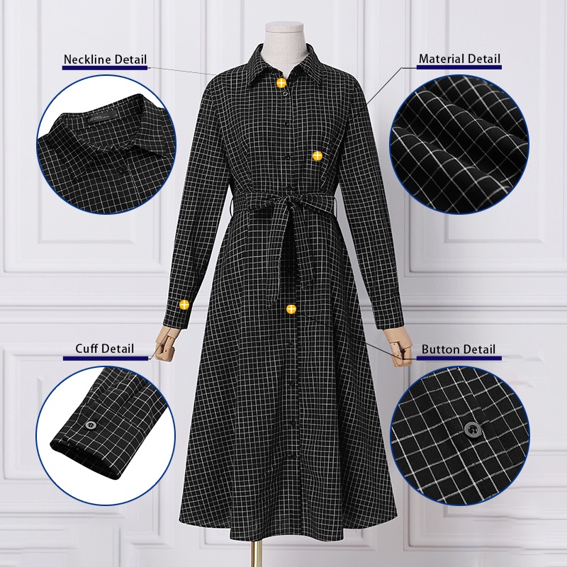 Đầm dài ZANZEA tay dài cổ bẻ họa tiết sọc caro thời trang phong cách Hàn Quốc cho nữ