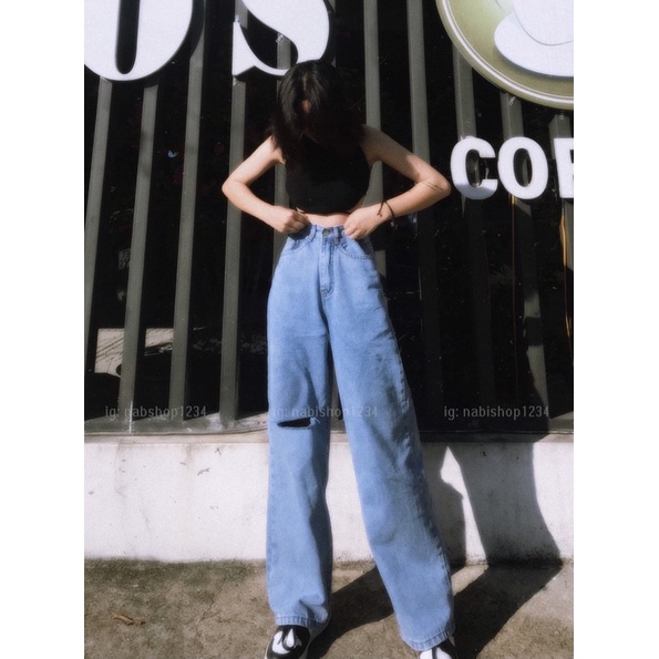 Quần Ống Rộng Suông Nữ Lưng Cao Vải Jeans Rách Gối Mã 3047 - Nabishop1234 (ẢNH THẬT KÈM VIDEO) | BigBuy360 - bigbuy360.vn