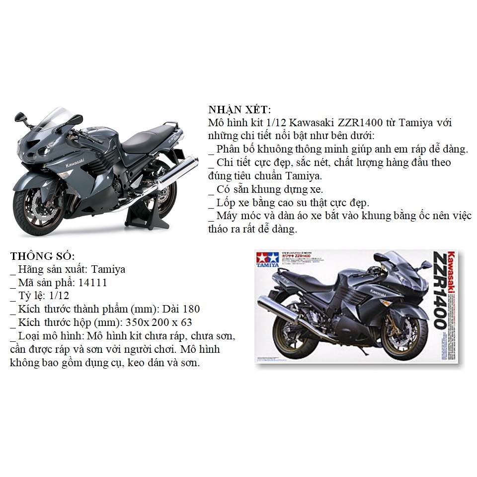 MÔ HÌNH LẮP RÁP XE MÔ TÔ 1/12 SCALE KAWASAKI ZZR 1400 14111 Tamiya